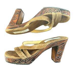 Stunning! Ananias Handmade Carved Wood & Suede Strappy Heels Size 7.5/8 Sandals